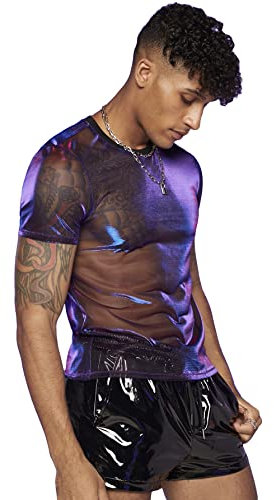 DIDK Men's Sheer See Through Muscle T Shirt Crew Neck Short Sleeve Tee Party Clubwear Tops Violet Purple M