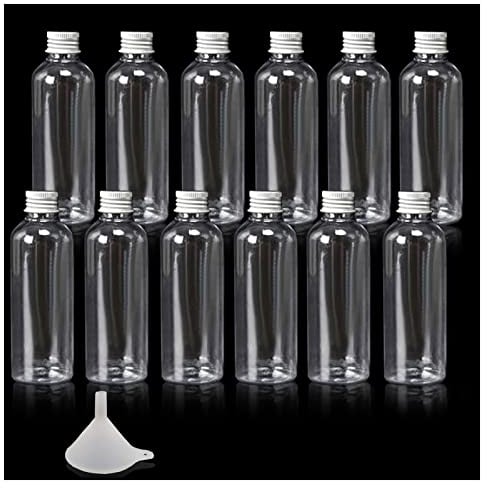 Kitnish Alcohol Bottles 60ml Plastic Bottles with Silver Screw Caps, Reusable Empty Bottles with Funnel, Parties & Wedding Small Favour Bottles (12PCS)