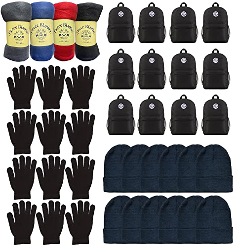 Yacht & Smith 48 Winter Kit Pack Unisex Winter Bundle Set, Rucksäcke, Decken, Mützen und Handschuhe, Schwarz, 48 Pack