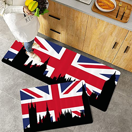 Küchenteppich Teppich Läufer Küchenläufer 2 Stück rutschfest,Union Jack, Häuser des Parlaments Silhouette auf UK Flag Historic Urban Skyline, Multicolo, Waschbar für Flur Küche 40 x 100 cm+40 x 60 cm