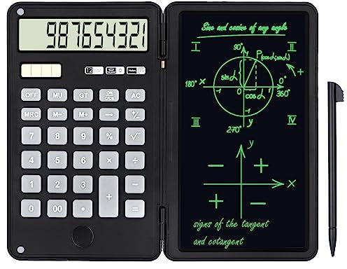 Sarsumir Calculator With 6 Inch LCD Erasable Writing Tablet, 12-Digit Standard Solar and Battery Dual Power Portable Basic for Home Office School, Black