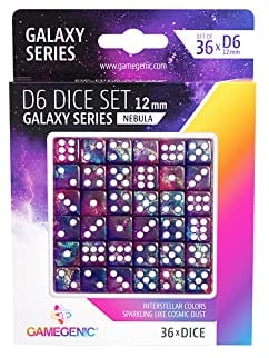 Galaxy Series Nebula D6 Dice Set Set of 36 Six-Sided Dice Premium Quality Resin Dice for Dice Games, Board Games and Card Games Cosmic Glittering Design Blue and Purple Made by Gamegenic