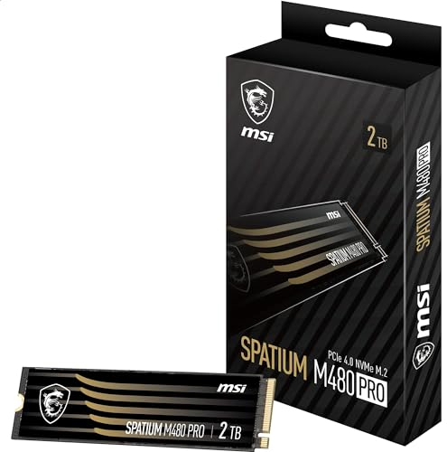 MSI SPATIUM M480 Pro PCIe 4.0 NVMe M.2 2TB - Disque SSD Interne 2 to, PCIe 4.0 NVMe M.2, Lecture 7400 MB/s & Écriture 7000 MB/s, 3D NAND, Sécurité des Données Intégrée, Garantie 5 Ans (1400 TBW)