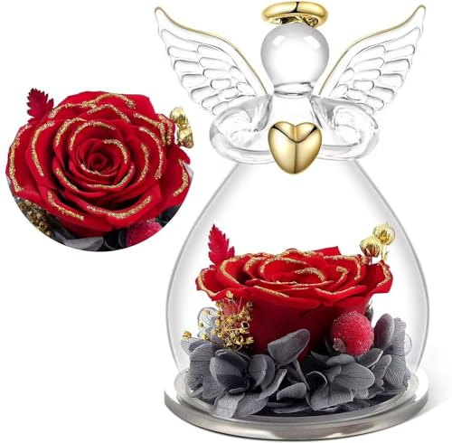 Yamonic Rose Eternelle Cadeau Maman,Ange Gardien en Verre avec Fleur Eternelle Cadeau Femme Mamie Anniversaire Noël Saint Valentin Femme Fête des Mères