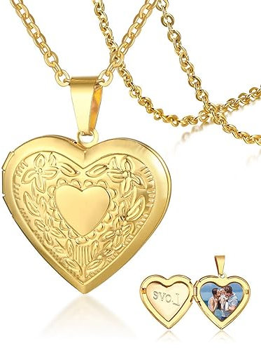 NEHZUS Medaillon-Halskette für Damen und Mädchen, Platin, 18 Karat Gold, Foto-Medaillons, die Bild halten, Kette 50 cm, personalisiertes Liebe Herz Bild Halsketten (gold mit gravur und bild)