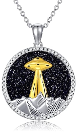 VENACOLY UFO Flying Saucer Anhänger Halskette Sterling Silber UFO Bluesand Stein Halskette Raumschiff Rave Schmuck Geschenke für Frauen