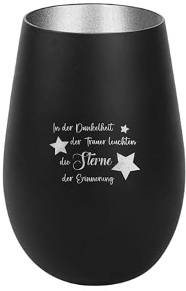 Der-Porzellan-Laden Windlicht mit Gravur In der Dunkelheit der Trauer leuchten, Schwarz Silber, Teelichthalter aus Glas mit Spruch, Tischdeko modern