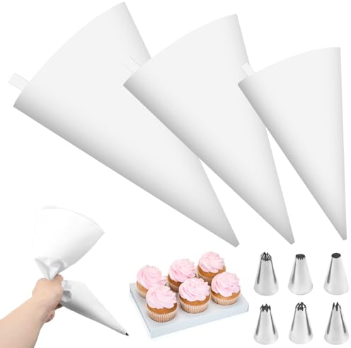 3 Stücke Spritzbeutel Set, 45/40/35 cm Spritzbeutel Wiederverwendbar mit 6 Verschiedenen Edelstahl Spritztüllen, Profi Spritzbeutel, Spritzbeutel Baumwolle für Dekorationen auf Kuchen, Torten, Keksen