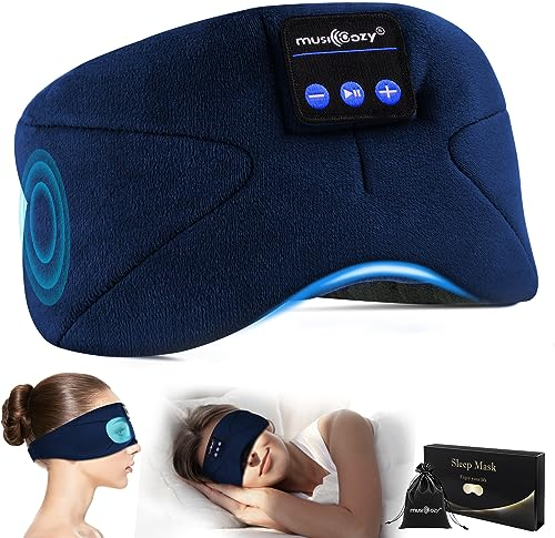 Musicozy Sleep Headphones Bluetooth Eye Mask,Soft Sleep Mask Headphones -100% Blackout Sleep Masks with Thin Speakers & 16Hrs Playtime for Long Time of Comfortable Sleeping,Unisex Gifts for Men Women