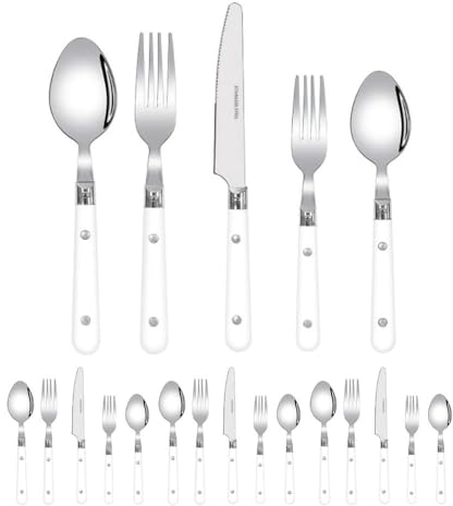 Two Nail Plastic Handle Kitchen Stainless Steel Silverware Tableware Flatware Cutlery Set Steak Knife Fork Spoon Teaspoon (White,20 Pieces)