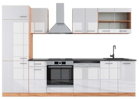 Vicco Küchenzeile R-Line, Weiß Hochglanz/Goldkraft Eiche, 300 cm | 8 Module · Höhenverstellbare Füße · Arbeitsplatte Anthrazit · Robuste Fronten · Mit Kühlschrankumbauschrank