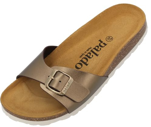 Palado Pantoletten Damen Malta Metallic – Sandalen Made in Spain - elegante Hausschuhe mit Kork-Fußbett - modische Sommerschuhe