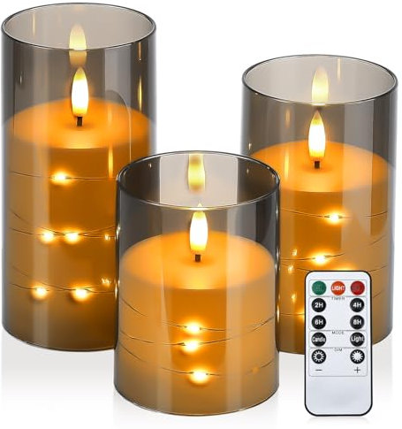 Lewondr Candele Tremolanti Senza Fiamma, Candele a LED Realistiche con Telecomando e Timer, Set di 3 Candele Alimentate a Batteria con Luci a Dilo per la Decorazione, Matrimonio e Compleanno, Grigio
