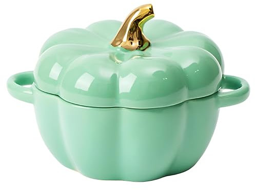 Bol à citrouille avec couvercle et poignée, en céramique, 35 ml, mini moule à tarte mignon, plat à gratin individuel, faïence, passe au four, vert