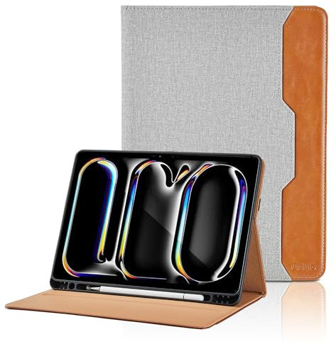 Custodia per iPad Pro 11 pollici M4 2024 Cover in PU Case Coperchio con Tasca, Portapenne Multi-Angli Supporto Pieghevole Cover Protettiva Con Auto Sveglia/Sonno, Funzione Supporto, Grigio