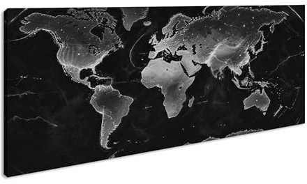 Leuchtende Weltkarte in Dunkelheit, die Kontinente erstrahlen wie glühende Adern der Erde. Panorama 120x60 cm Effekt:Schwarz&Weiß als Leinwandbild, Motiv gerahmt auf Echtholzrahmen,Digitaldruck