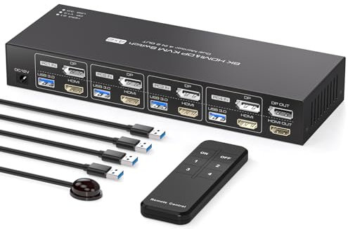 PVBCTCSID 8K Displayport HDMI KVM Switch 4 Computers 2 Monitors 4K144Hz for 4 PC Sharing Dual Monitor and 4 USB 3.0 port with Remote Control Support Extended/Copy Mode(Not supporting EDID)