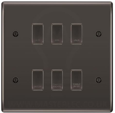 BG NBN6GA Black Nickel 6 Gang Engraved Custom Labelled Appliance Grid Switch