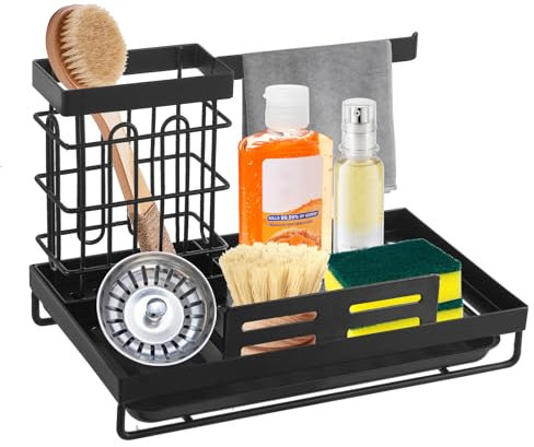 Simup Sink Caddy Sponge Holder for Kitchen,Sink Storage Rack,Dish Cloth Rack,Detachable Brush Holder with Removable Drip Tray for Countertop,Black