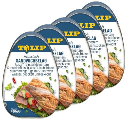 TULIP 5x 450 g Sandwichbelag aus Schweinefleisch | Frühstücksfleisch in Dosen | Zartes Fleisch in der Konserve | Saftiger Brotbelag | Ideal für Ihre Sandwich-Kreationen