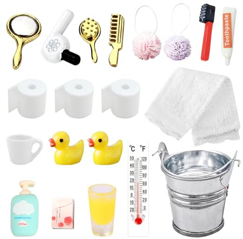 Wichtel Zubehör, 20pcs Miniatur Wichtelzubehör Bade-Set für Weihnachten Deko, Miniatur Puppenhaus Zubehör, Wichtel Wasch Badeutensilien mit Mini Zahnpasta Zahnbürste Badeschwamm Ente Klopapier Rollen
