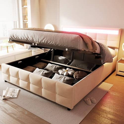 Gegtuon Polsterbett Bett 180x200, Doppelbett mit LED-Licht & Hydraulisch Stauraum Underbett, Stauraumbett Funktionsbett Jugendbett mit Kopfteil & Lattenrost für Schlafzimmer, ohne Matratze, Samt Beige