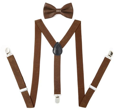 PONCEAU 2 Set Hosenträger und Fliege für Herren und Damen，2.5 cm breiter Hosenträger Herren in Y-Form Elastisch und Verstellbar mit Farblich Passender Fliege 12 x 7 cm