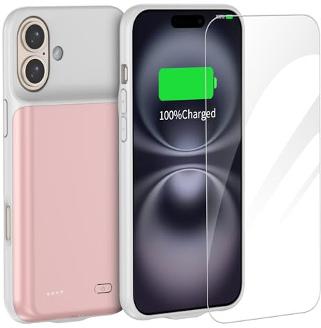 FLSTOR Battery Case for iPhone 16, 7000mAh Portable Rechargeable Charging Case Compatible with iPhone 16 (6.1 inch) with Screen Protector, Up to 1.5X Battery Life, Data-sync Supported, Pink