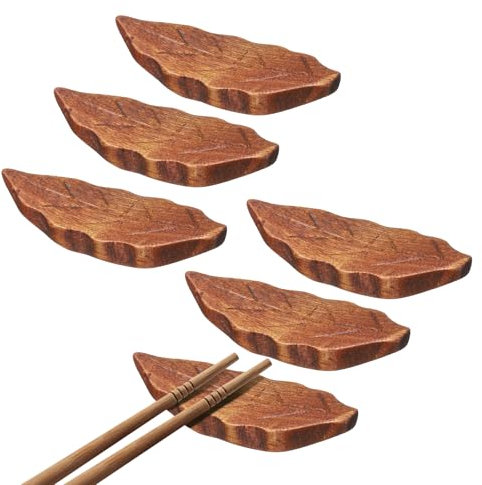 sourcing map 6pcs Wood Chopstick Rest, Leaf Shape Chopstick Stand Holder Knife Rest for Countertop Holding Chopstick Spoon Forks Knife Tabletop Decoration, Brown