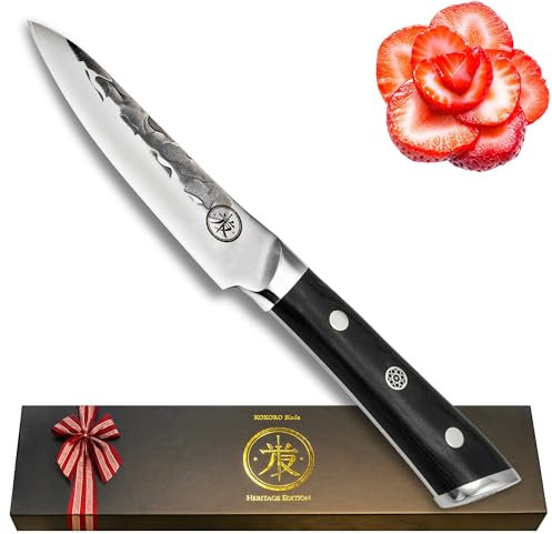 KOKORO Blade 4.5 Inch Japanese Paring Knife, Hand Made Hammer Forged Small Chef Knife, with KuroWood Handle, Ultra Sharp Professional Quality Kitchen Knife for Home or Pro Kitchens and Gifts