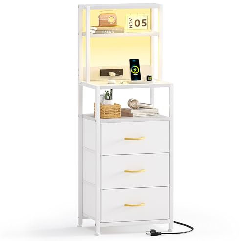 VERMESS Bedside Table with 3 Drawers and Charging Station, Small Nightstand for Bedroom, Chest of Drawers Bedroom, Storage Drawers for Living Room, Hallway (White)