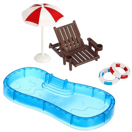 MAGICLULU Miniature Swimming Pool Set with Beach Chair and Swim Ring Dollhouse Accessories Mini Furniture for Kids Playhouse Decoration