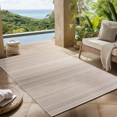 Carpettex Outdoor Teppich wetterfest Beige 200x290 cm, UV-beständig, ideal für Küche, Balkon, Terrasse, Garten auch Wohnzimmer und Esszimmer, Skandinavisches Boho-Design