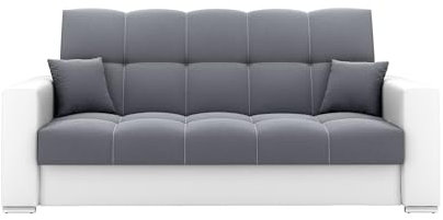 LIKMA Ausziehbar 3 Sitzer Sofa Evita Grau + Weißes Kunstleder 220x91x85 cm Schlaffunktion Bettzeugbehälter 2 Kissen Sofa mit Bettfunktion Gesteppte Schlafsofa Couchgarnitur