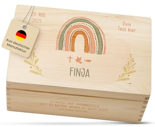 Amari® Personalisierte Holzkiste (Regenbogenzauber) | Erinnerungsbox aus Holz zur Taufe, Kommunion, Konfirmation, Firmung, Ostern | Geschenk für Mädchen & Jungen