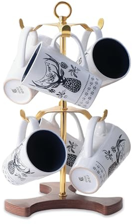 Gold Mug Holder Tree for Countertop | 2-Tier Coffee Mug Rack Holds 6 Large Mugs, 5oz to 20oz | Elegant Golden Cup Stand with Solid Wood Base | Kitchen Counter Organizer & Coffee Bar Accessories