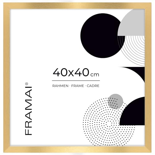 FRAMAI® Bilderrahmen 40x40 cm Gold MDF Umweltfreundlichem Rahmen mit Bruchsicheren Plexi, Aufhänger und Aufsteller