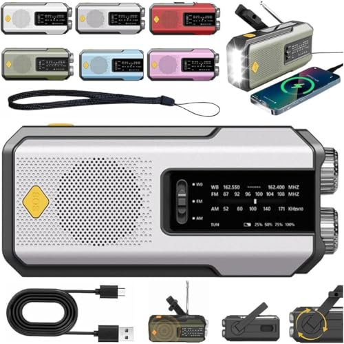 Hand Crank Solar Radio,Multi-Function Emergency Weather Radio with LED Flashlight,AM/FM/WB Weather Radios,Power Bank Phone Charger,SOS Alarm,3 Charging Methods,for Indoor/Outdoor Emergencies (Grey)