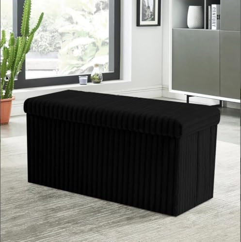 BLOOM BLENDS Ribbed Velvet Storage Ottoman Box – Foldable, Stylish & Multi-Purpose Seat with Lid | Available in 5 Colours | Bedroom, Living Room, Entryway (Black (76x35x36cm), Large (76x35x36cm))