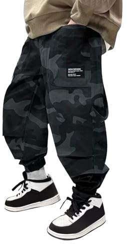 Mjjsk Pantaloni Cargo per Ragazzi con Vita Elasticizzata, Pantaloni da Jogging Camouflage per Bambini, Pantaloni Casual Eleganti per Scuola, Pantaloni da Combattimento per Escursioni all'aperto, Nero