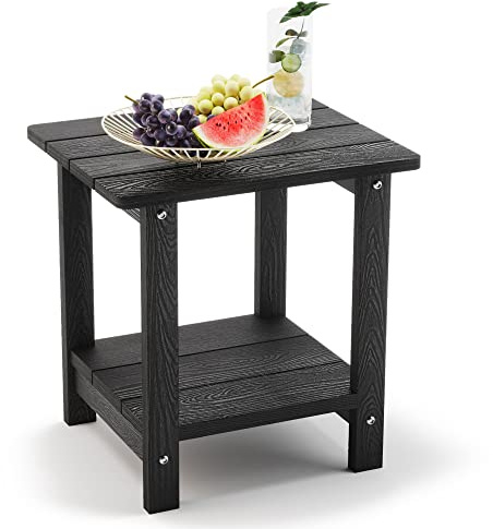 LUE BONA Garden Side Table, 2-Tier HDPS Outdoor Side Table, 73kg Heavy Duty Weather Resistant Small Coffee Table for Adirondack Chair, Balcony, Patio, Garden, Black