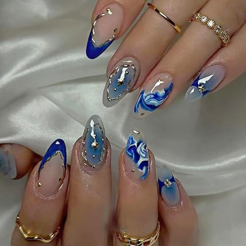 24PCS Short False Nails - Press on Nails Almond Shape - Blue Marble Fake Nails with Gold Line - Elegant Reusable Soft Gel Stick on Nails for Wedding Party Daily Wear, 12 Sizes