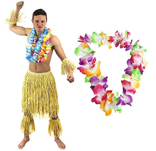 I LOVE FANCY DRESS HAWAIIANER SÜDSEE ZULU KÄMPFER KOSTÜM VERKLEIDUNG=6 TEILIGE=1 BUNTE LEI/BLUMENKETTE+2 BEIN STULPEN+2 ARM STULPEN+BASTROCK=HÜFTUMFANG UNGEFÄR -76-137cm+LÄNGE UNGEFÄHR - 58cm