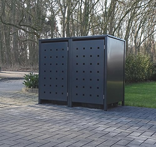 2 Mülltonnenboxen Modell No.2 für 120 Liter Mülltonnen / komplett Anthrazit RAL 7016 / witterungsbeständig durch Pulverbeschichtung / mit Klappdeckel und Fronttür