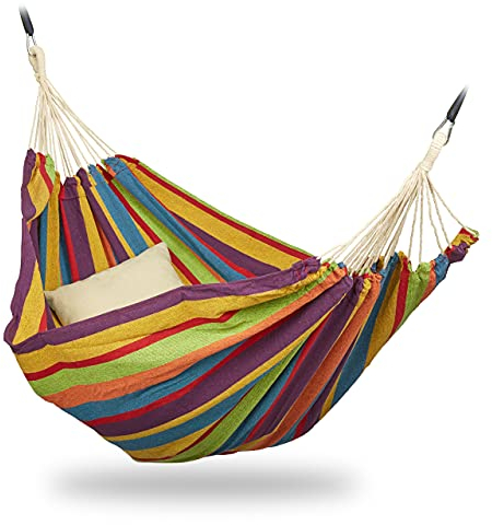 Relaxdays Hängematte, XXL, Hängeliege 2 Personen, bis 300 kg, tragbar, In- & Outdoor, Baumwolle, 150 x 272 cm, bunt, Gelb/Grün/Blau/Rot