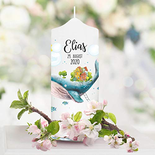 Wandtattoo Loft Taufkerze für Paten Wal Fische - Patenkerze Mädchen Junge Kerze weiß 18 x 7 cm mit Name und Datum