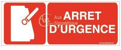 AUA SIGNALETIQUE - Panneau Arrêt d'urgence avec Picto - B - 160x60 mm, PVC 1.5mm