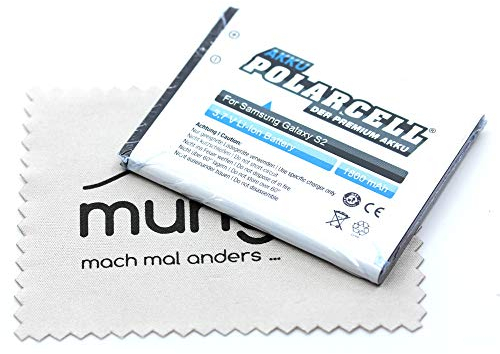 Polarcell Batterie de rechange pour Samsung iGalaxy S II Galaxy S II LTE Galaxy R GalaxyS2 Plus (remplace la batterie d'origine EB-F1A2GBU) avec chiffon de nettoyage Mungoo