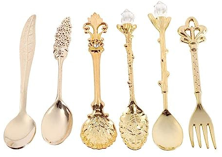 Lot de 6 Couverts Vintage Cuillère à Dessert, Café Cuillère à Thé Cuillère Fruits en Alliage Zinc Sculpté Cuillère à Café, Cuillère à Pastèque, Thé Au Lait, Cuillère à Sucre, Crème Glacée(Or)