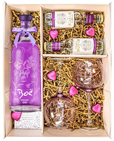 BOE Violet Gin 70cl Gift Set Hamper With 2 Sparkleware Gin Balloon Glasses, Double Dutch Tonics and Belgian Chocolates Gift Boxed- Thank you, Congratulations Gin Gifts For Couples (Violet)